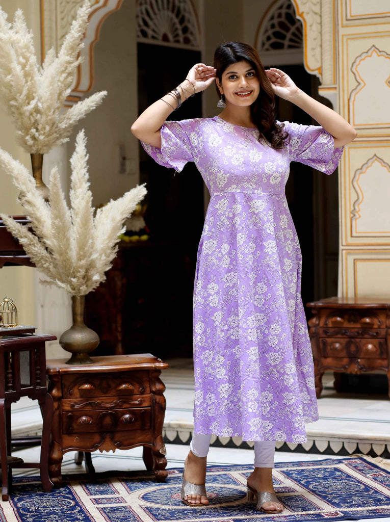 Women's Floral Printed Festive Wear Lavender Anarkali Kurta