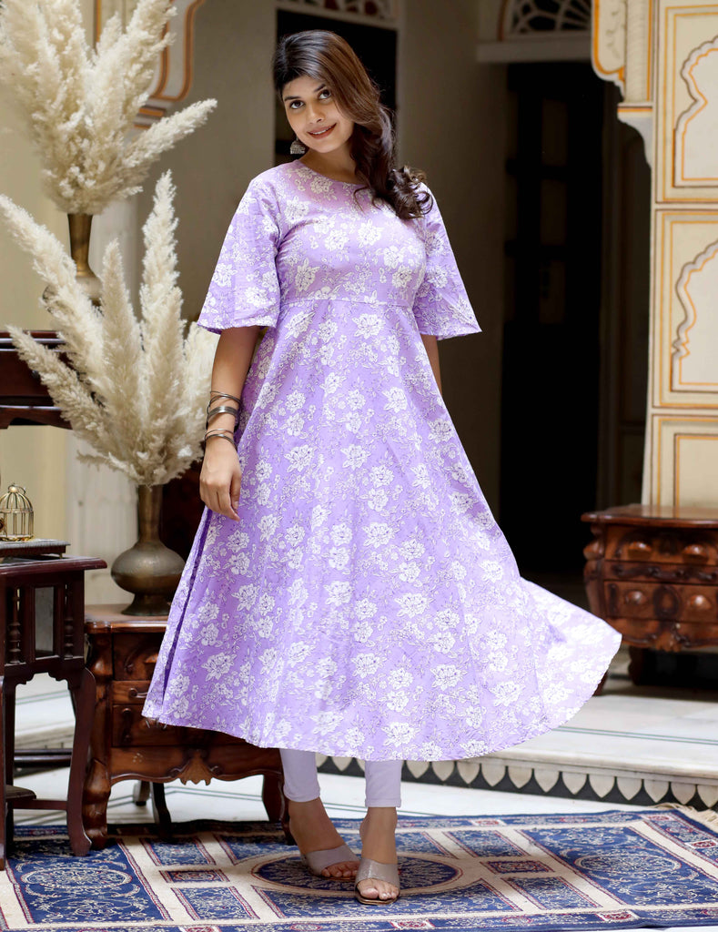 Women's Floral Printed Festive Wear Lavender Anarkali Kurta