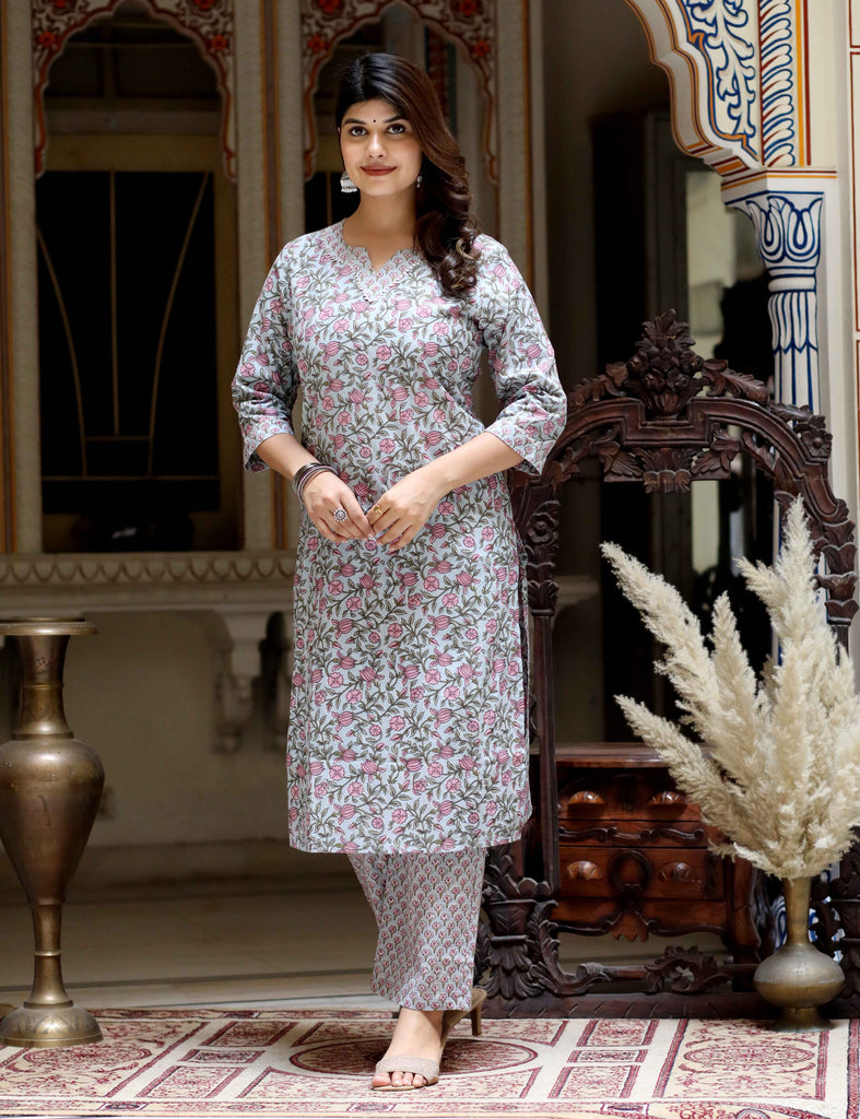 Women's Blue Cotton Gota Patti Work Printed Kurta Palazzo SetÂ 