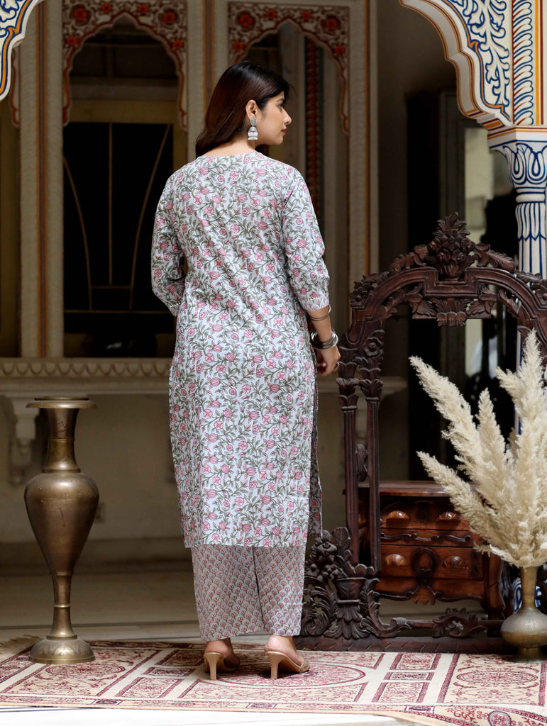 Women's Blue Cotton Gota Patti Work Printed Kurta Palazzo SetÂ 