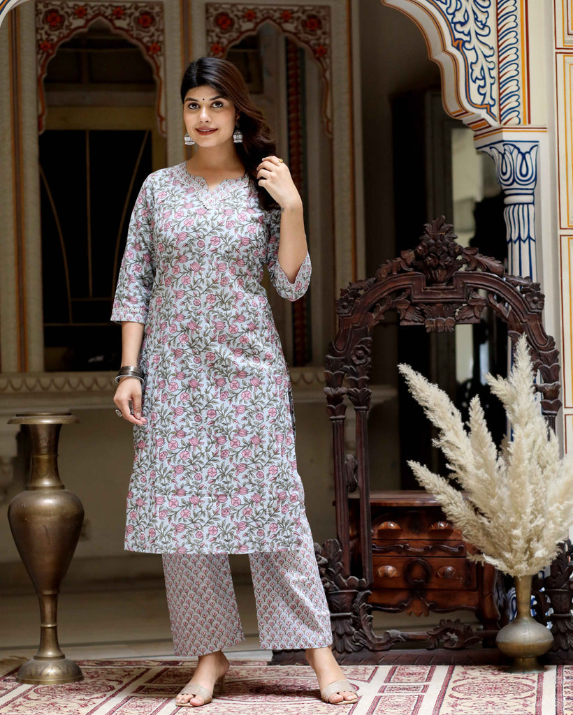 Women's Blue Cotton Gota Patti Work Printed Kurta Palazzo SetÂ 