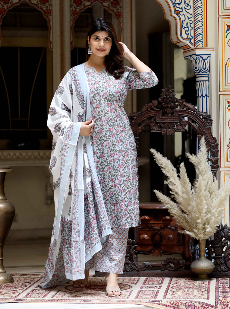 Women's Cotton Traditional Straight Kurta With Palazzo And Dupatta Set