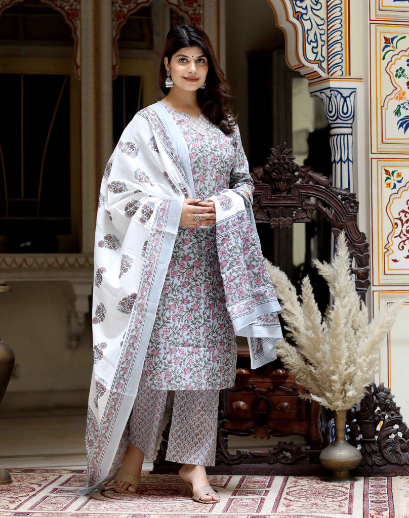 Women's Cotton Traditional Straight Kurta With Palazzo And Dupatta Set