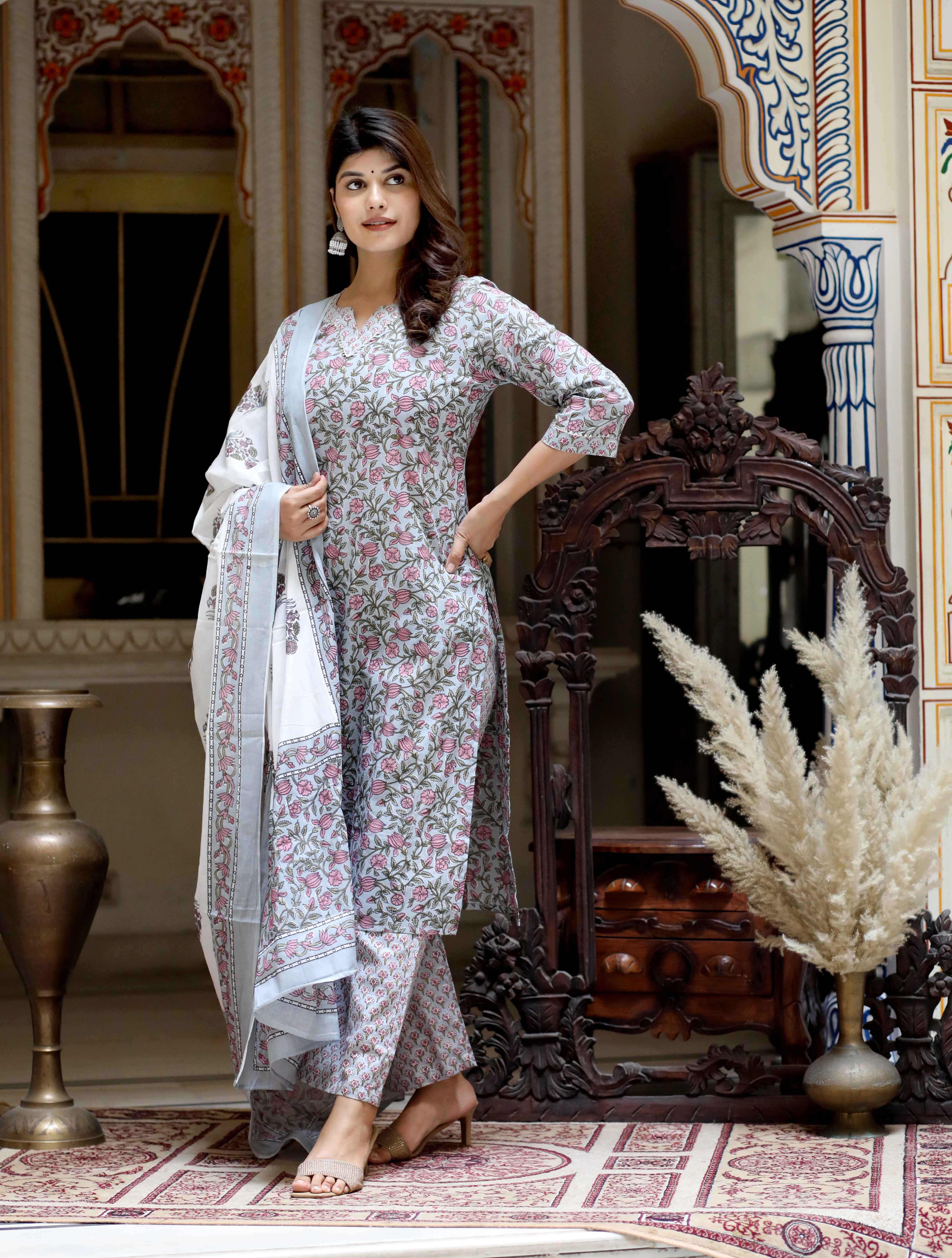 Women's Pure Cotton Traditional Straight Kurta With Palazzo And Dupatta Set
 - Doriyaan