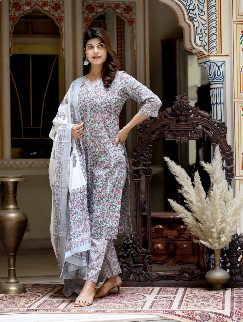 Women's Cotton Traditional Straight Kurta With Palazzo And Dupatta Set