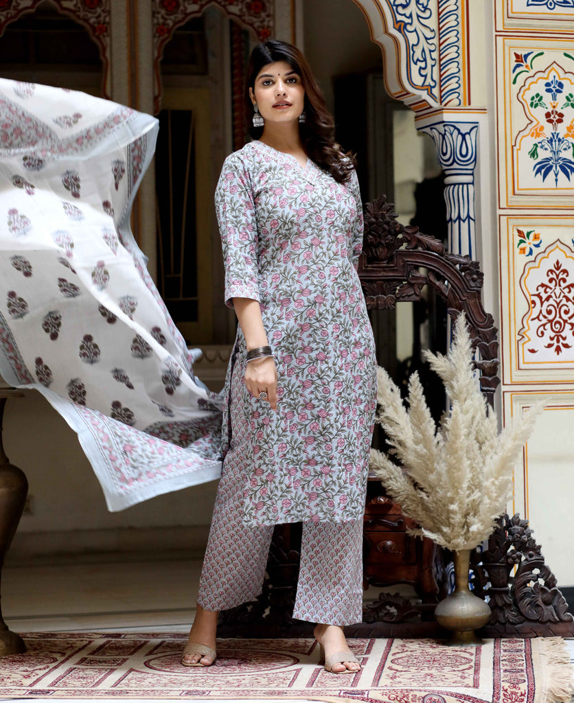 Women's Cotton Traditional Straight Kurta With Palazzo And Dupatta Set
