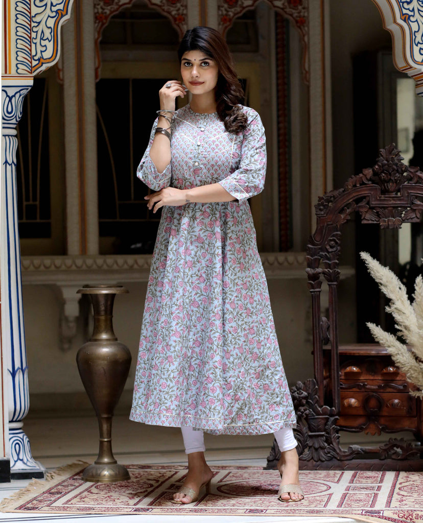Women's Blue Floral Printed And Gota Lace Cotton Ethnic Anarkali