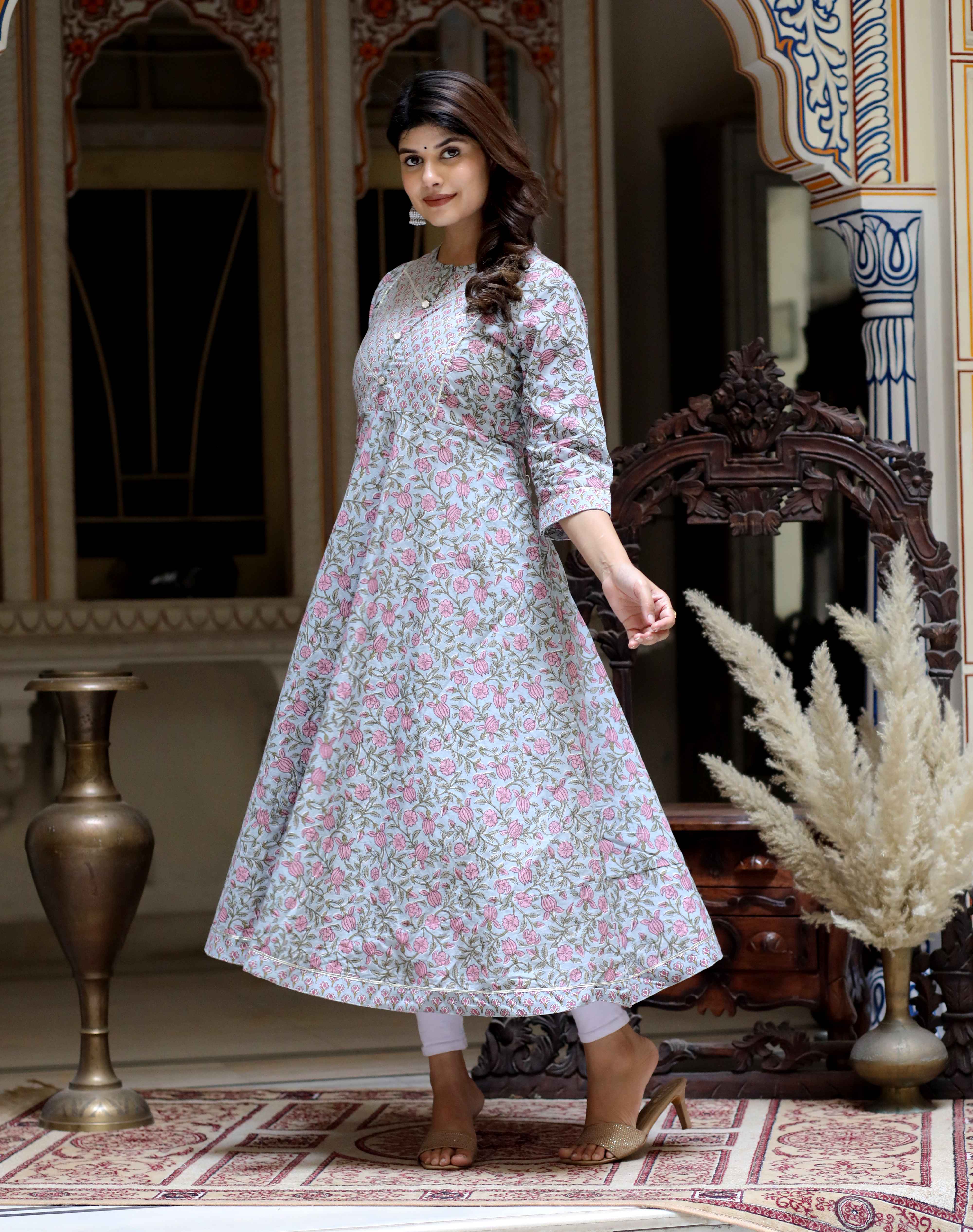 Women's Blue Floral Printed And Gota Lace Cotton Ethnic Anarkali - Doriyaan