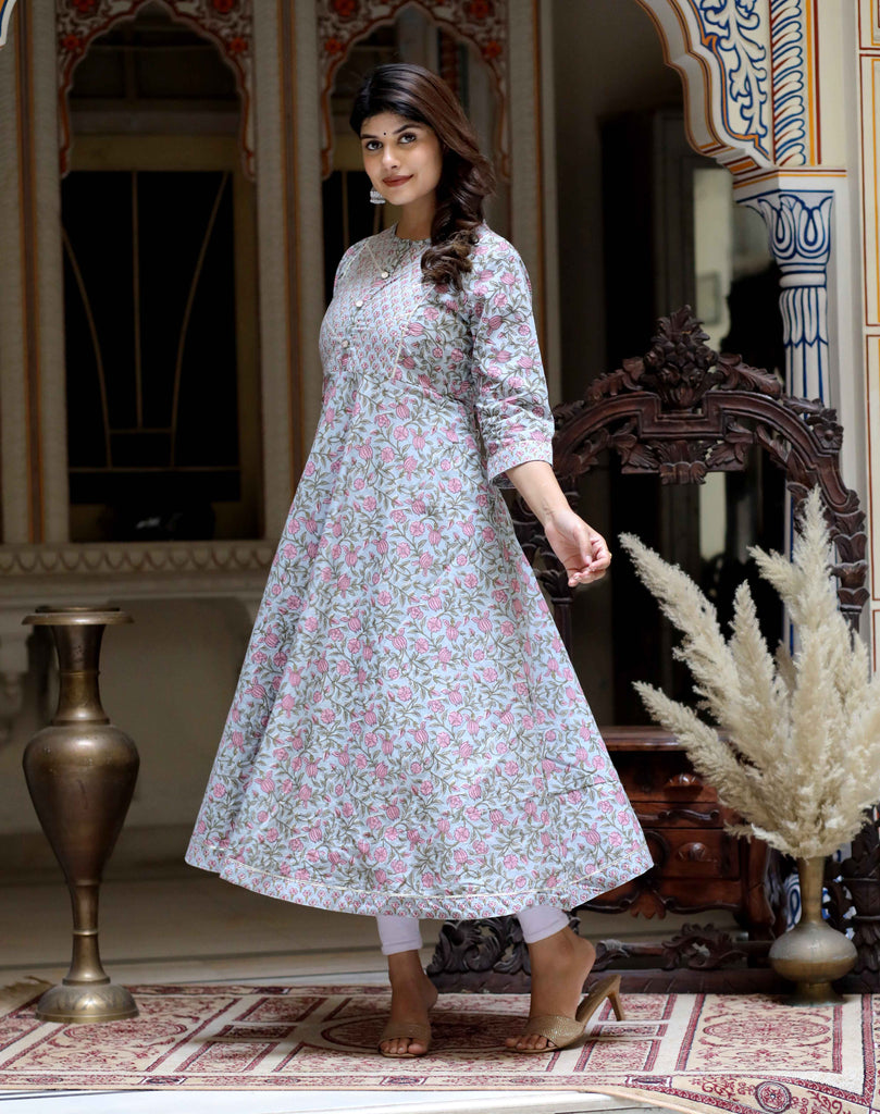 Women's Blue Floral Printed And Gota Lace Cotton Ethnic Anarkali