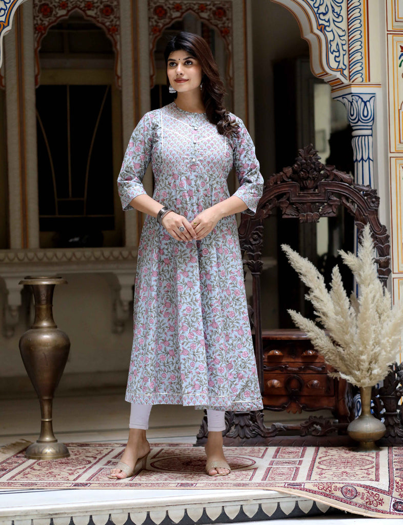 Women's Blue Floral Printed And Gota Lace Cotton Ethnic Anarkali
