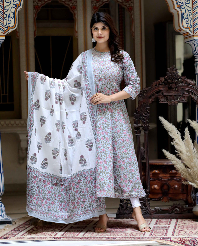 Women's Blue Gota Work Anarkali Kurta & Floral Dupatta Set