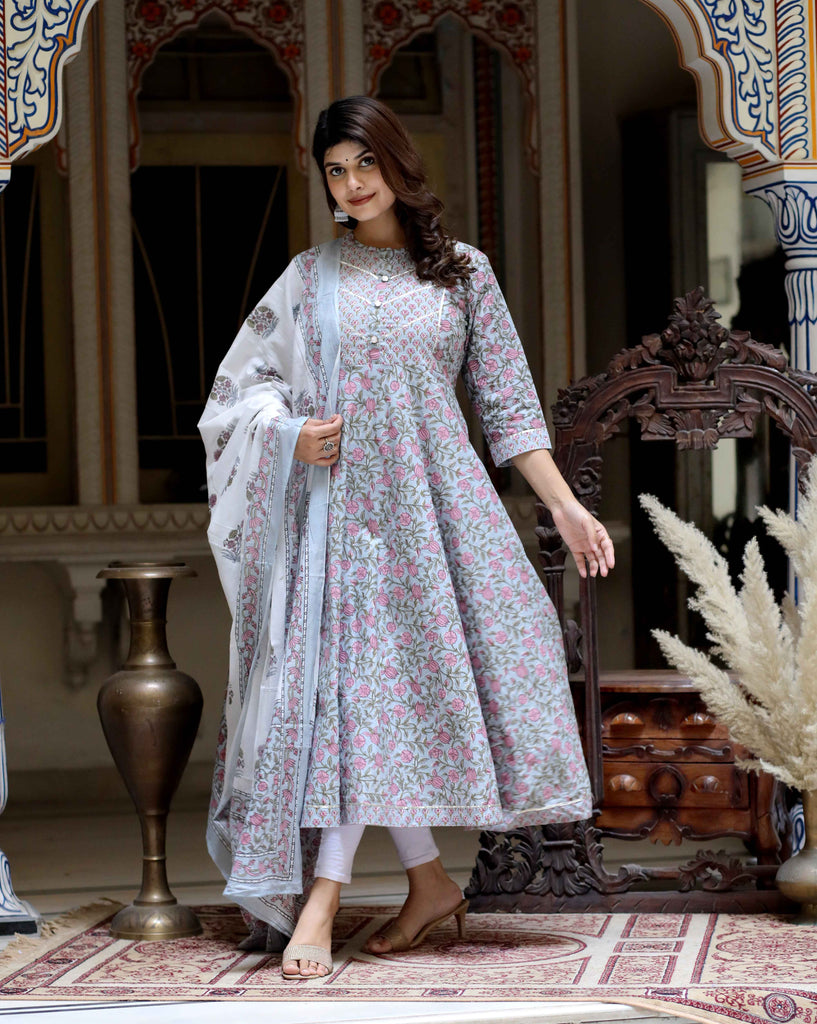 Women's Blue Gota Work Anarkali Kurta & Floral Dupatta Set