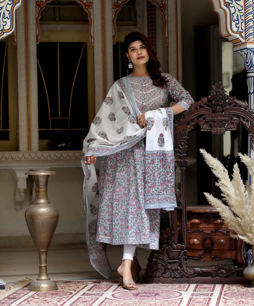 Women's Blue Gota Work Anarkali Kurta & Floral Dupatta Set