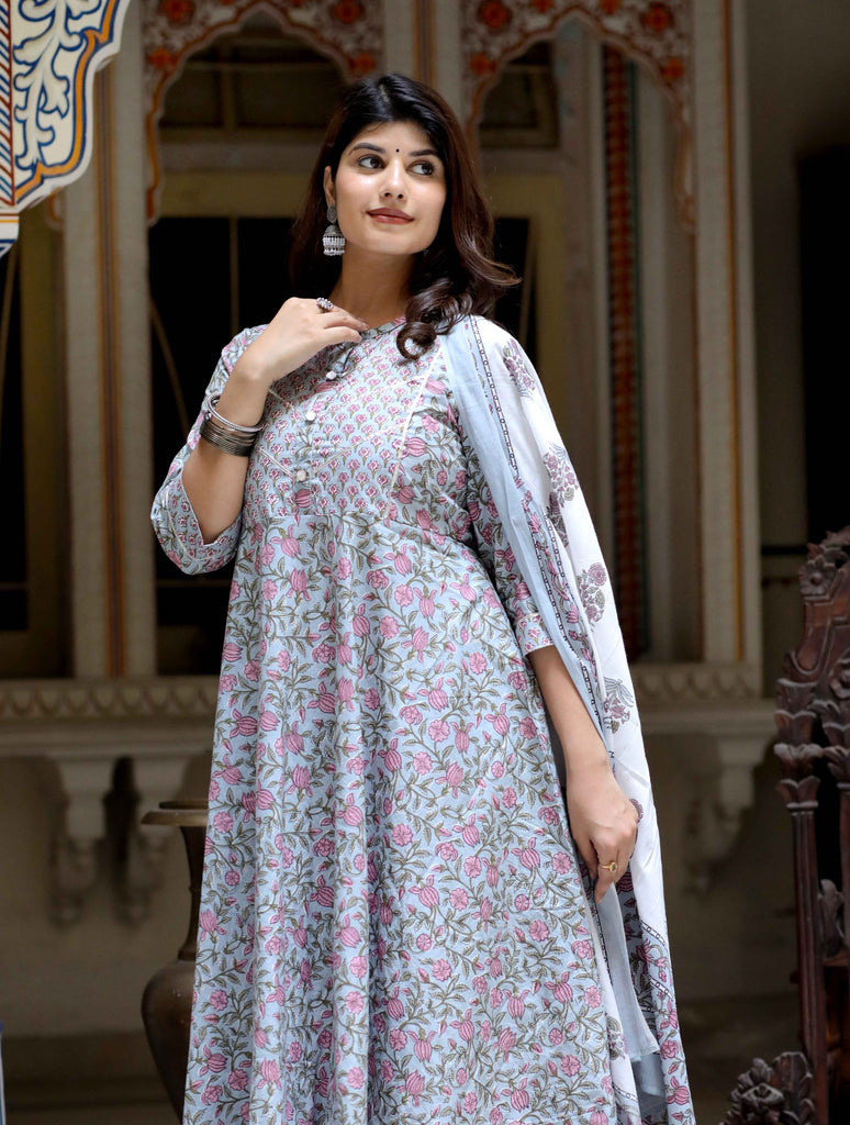 Women's Blue Gota Work Anarkali Kurta & Floral Dupatta Set