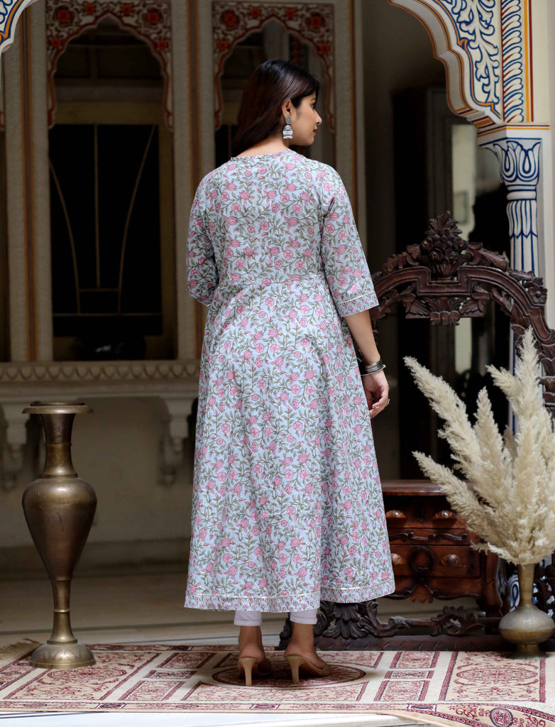 Women's Blue Gota Work Anarkali Kurta & Floral Dupatta Set