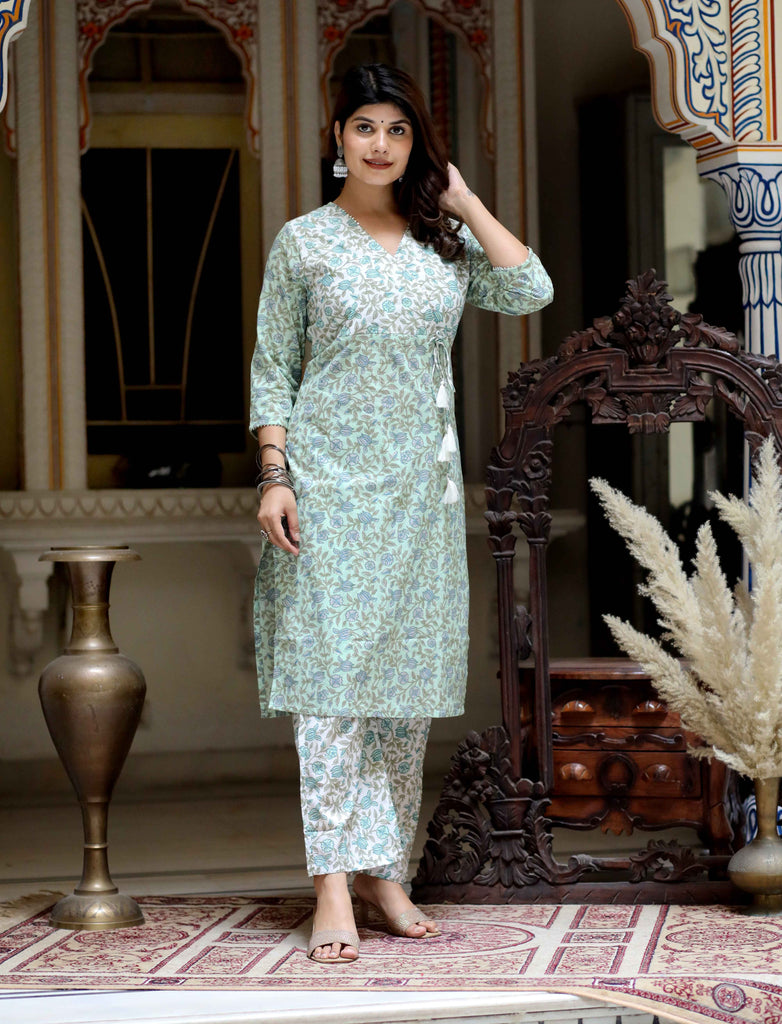 Women's Green Hand Block Printed Angrakha Style Kurta Palazzo Set