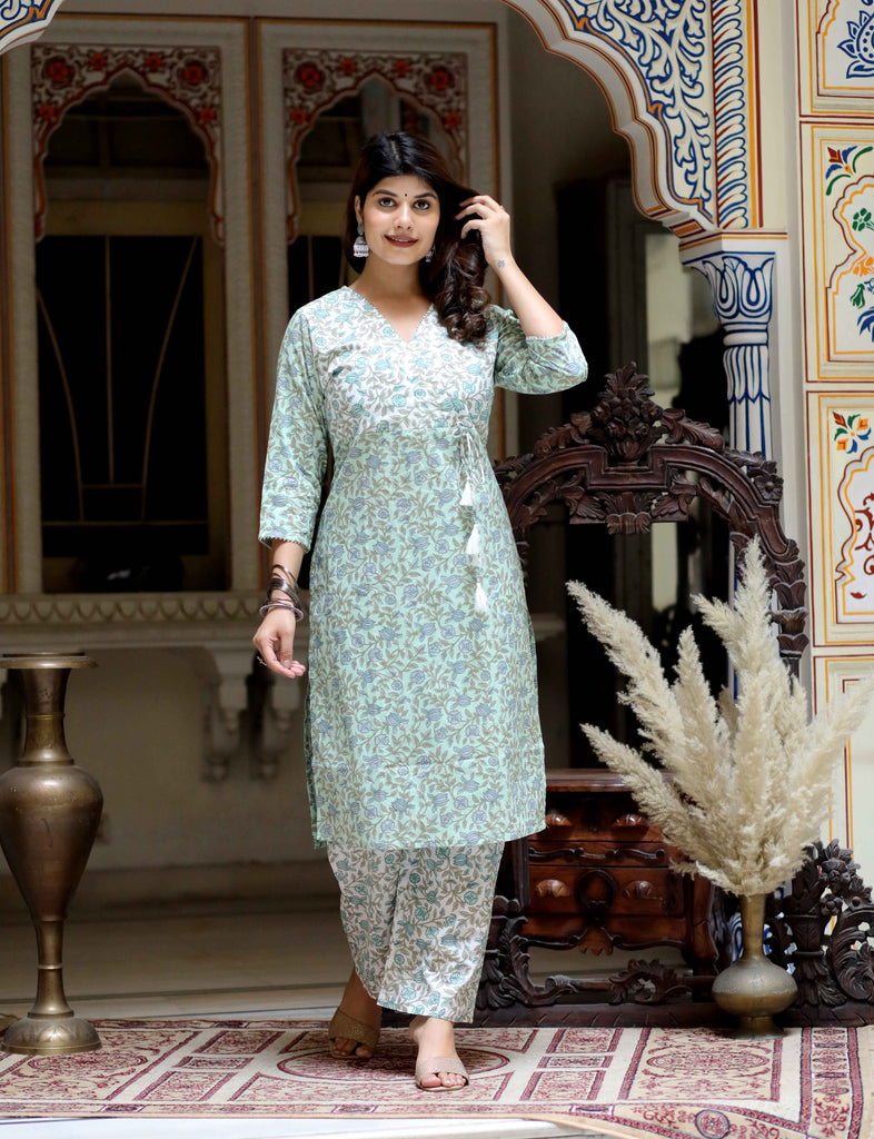 Women's Green Hand Block Printed Angrakha Style Kurta Palazzo Set