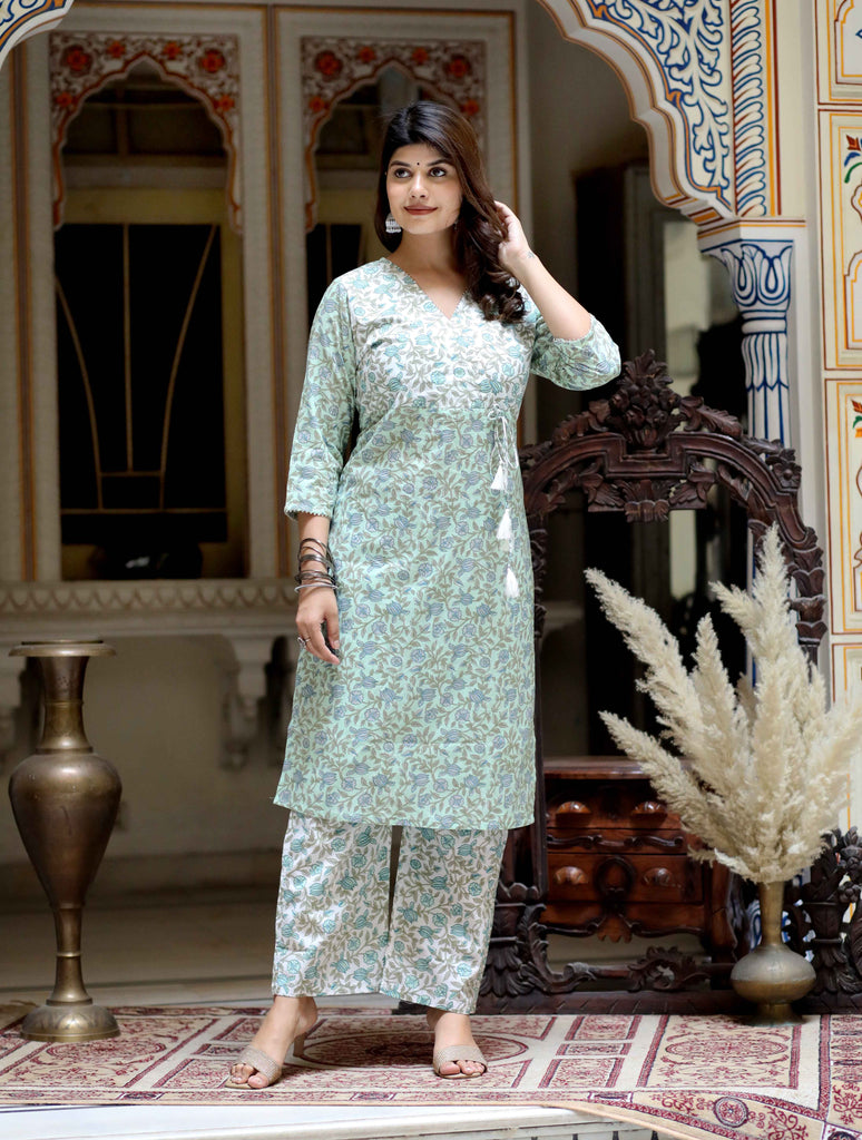 Women's Green Hand Block Printed Angrakha Style Kurta Palazzo Set