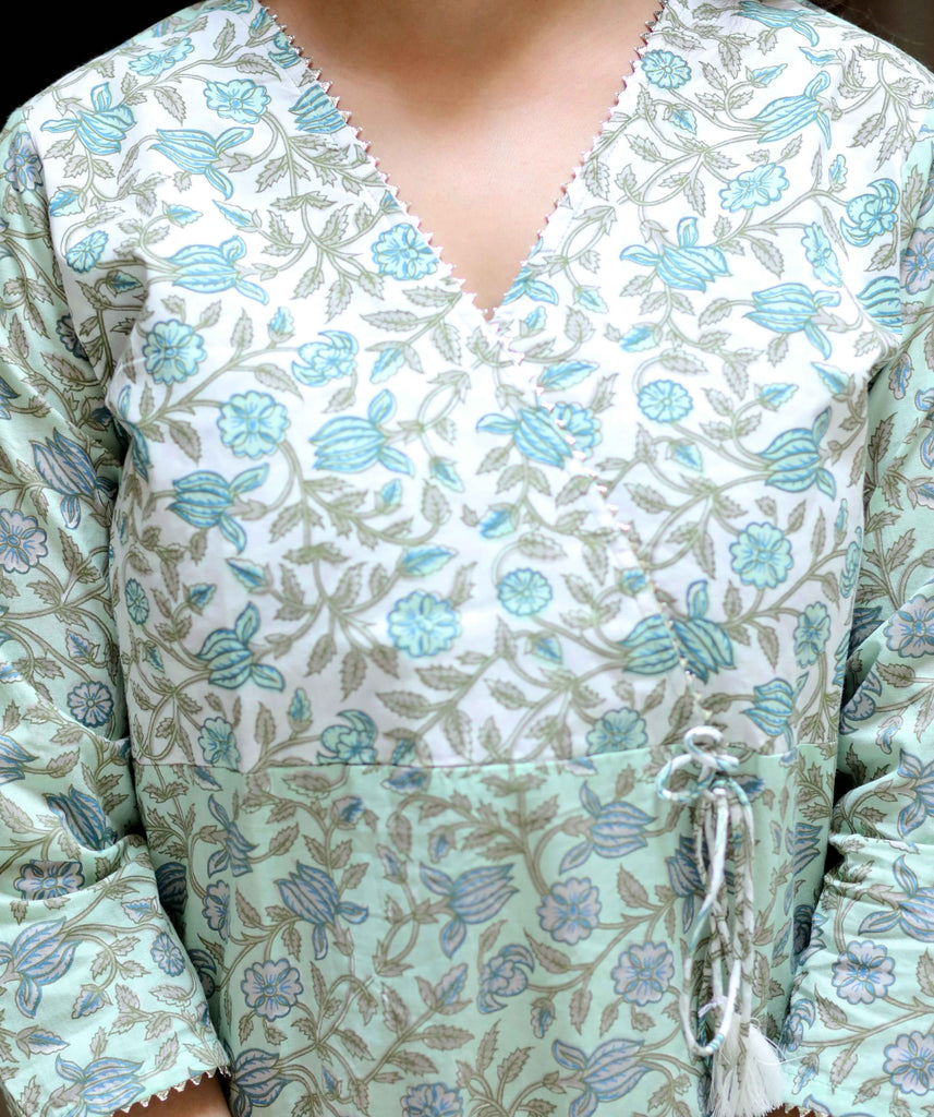 Women's Green Hand Block Printed Angrakha Style Kurta Palazzo Set