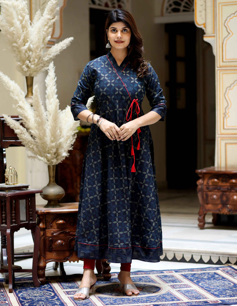 Women's Blue Abstract Printed Angrakha Style Anarkali KurtaÂ 
