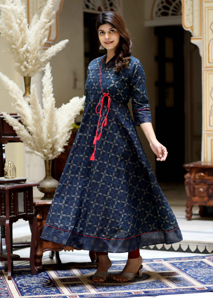Women's Blue Abstract Printed Angrakha Style Anarkali KurtaÂ 