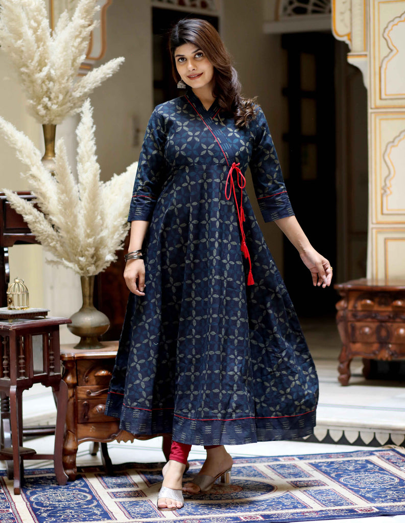 Women's Blue Abstract Printed Angrakha Style Anarkali KurtaÂ 