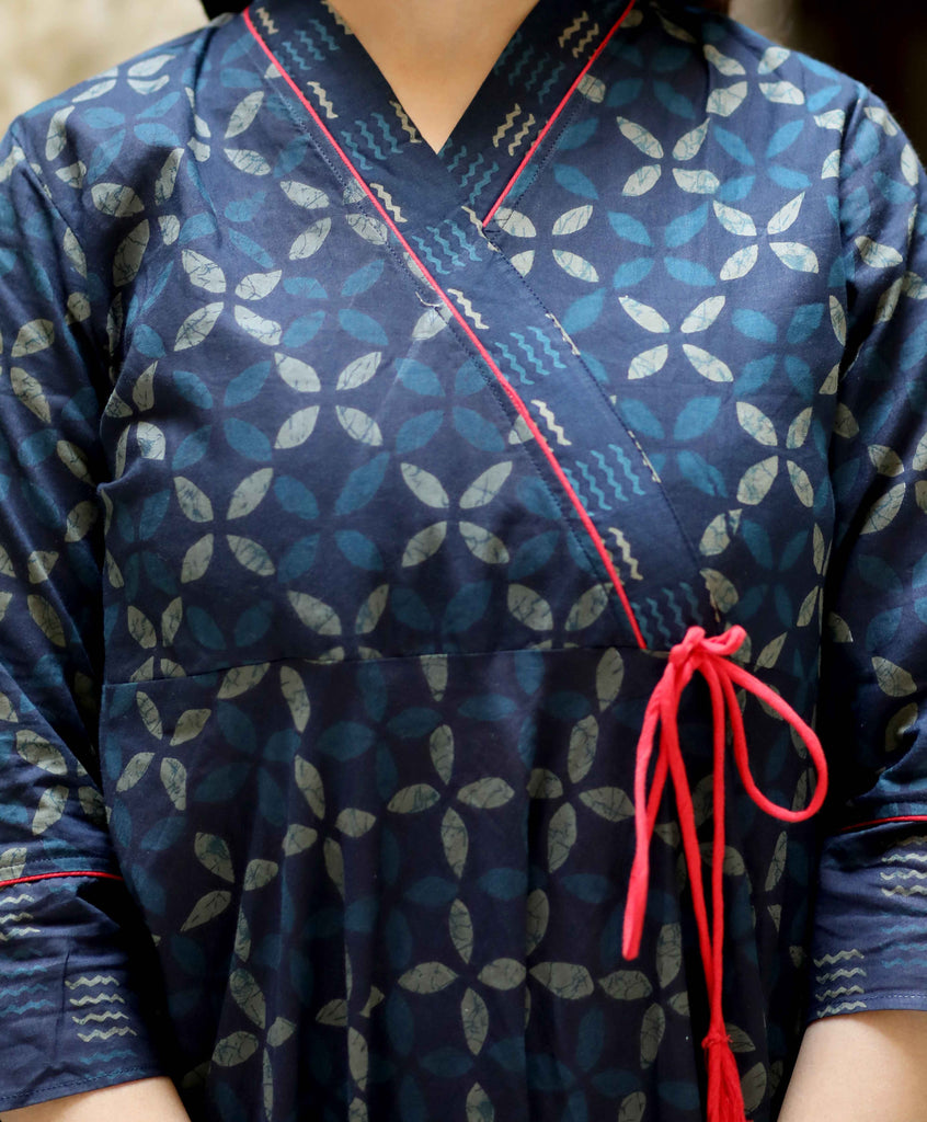 Women's Blue Abstract Printed Angrakha Style Anarkali KurtaÂ 