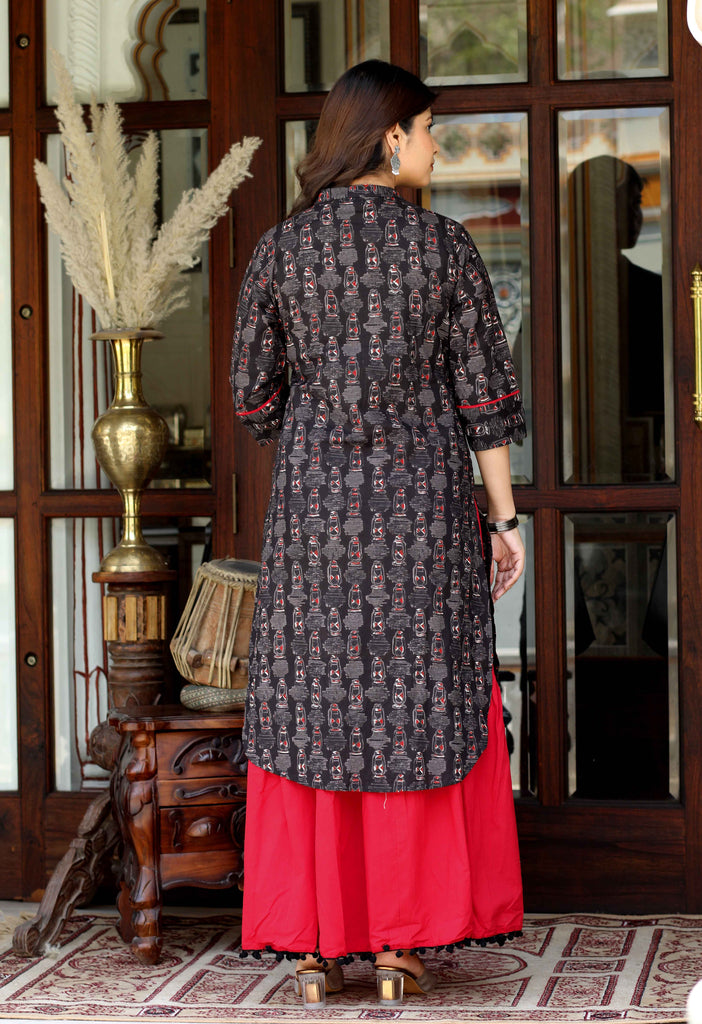 Women's Cotton Floral Printed Straight Kurta And Lace Detailing Solid Skirt Set