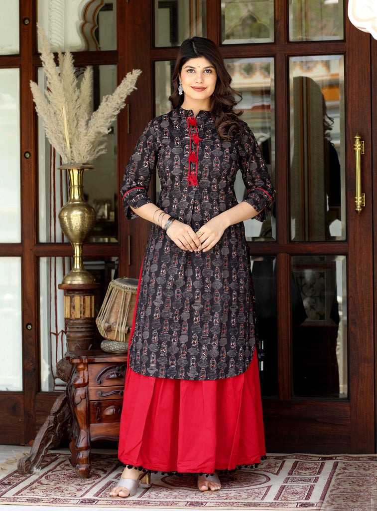 Women's Cotton Floral Printed Straight Kurta And Lace Detailing Solid Skirt Set