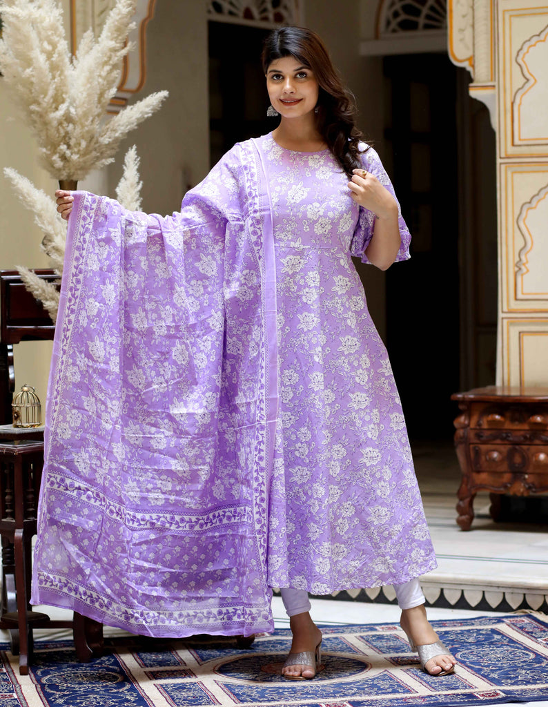 Women's Floral Printed Lavender Anarkali Kurta And Dupatta Set