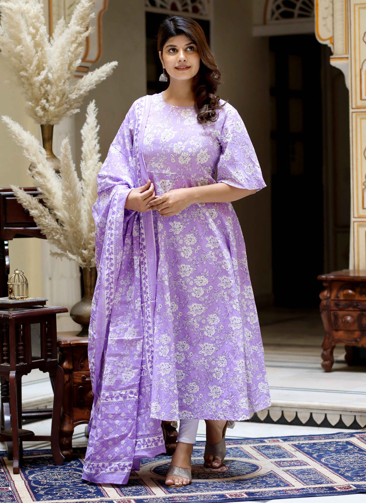 Women's Floral Printed Lavender Anarkali Kurta And Dupatta Set