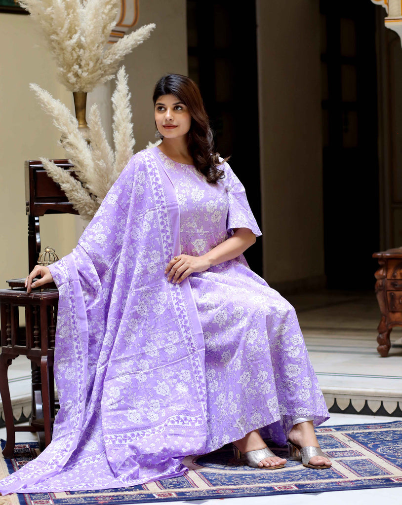 Women's Floral Printed Lavender Anarkali Kurta And Dupatta Set