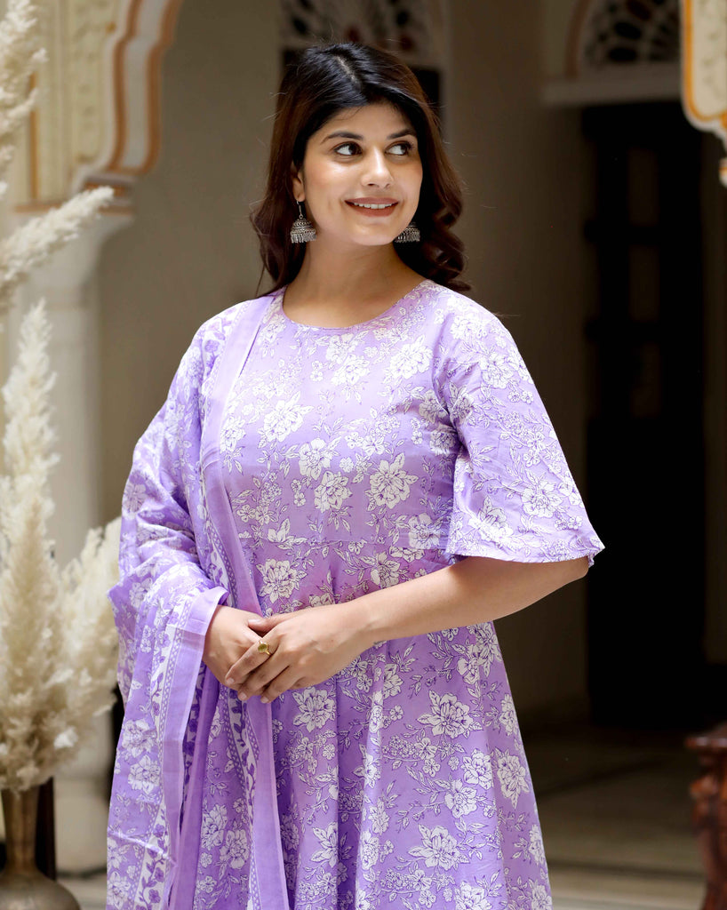 Women's Floral Printed Lavender Anarkali Kurta And Dupatta Set