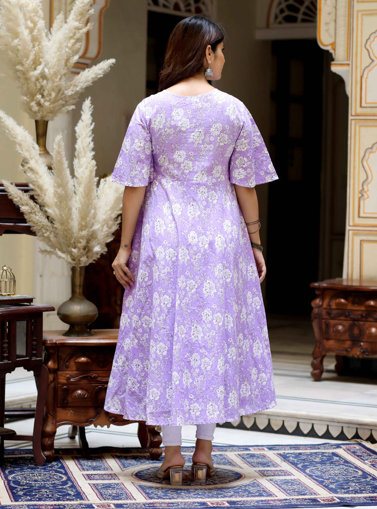 Women's Floral Printed Lavender Anarkali Kurta And Dupatta Set