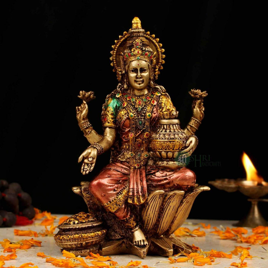 Goddess Lakshmi Seated on Lotus Painted Statue – 6 Inch