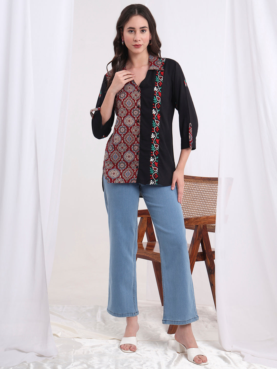Women's Chikankari Viscose Rayon And Ajark Print Shirt S4000