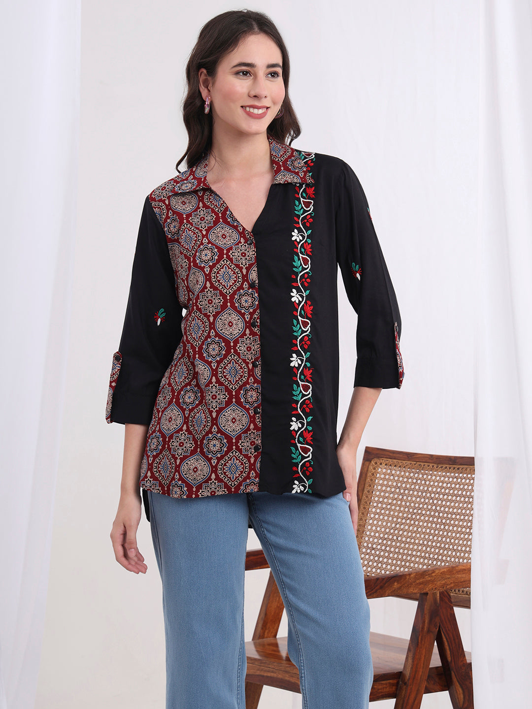Women's Chikankari Viscose Rayon And Ajark Print Shirt S4000
