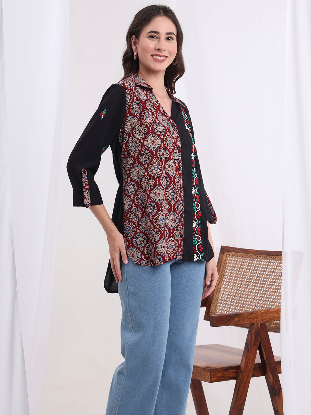 Women's Chikankari Viscose Rayon And Ajark Print Shirt S4000