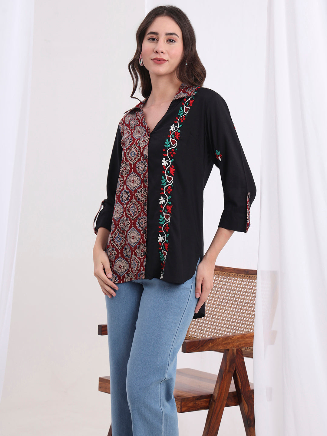 Women's Chikankari Viscose Rayon And Ajark Print Shirt S4000