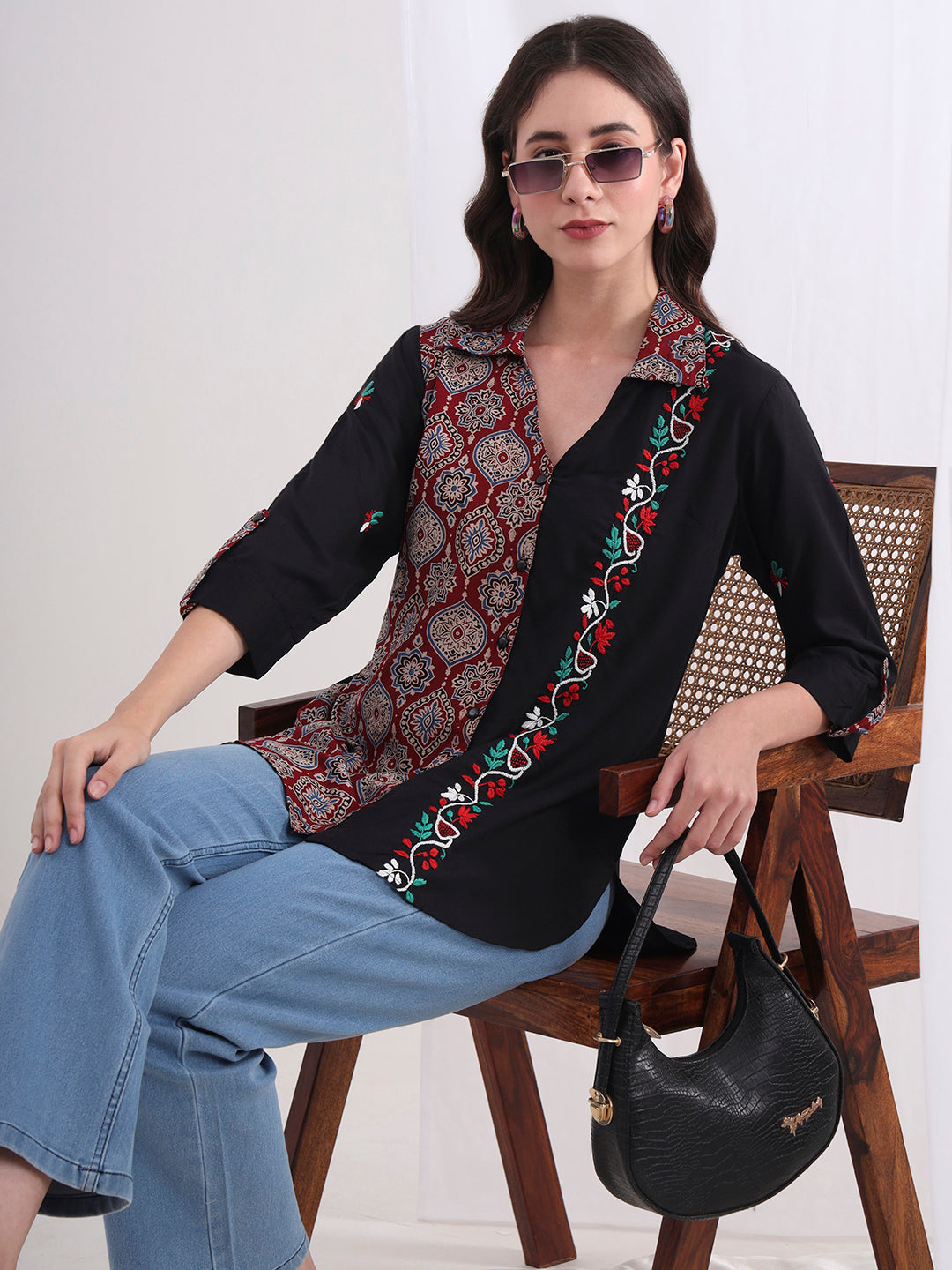 Women's Chikankari Viscose Rayon And Ajark Print Shirt S4000