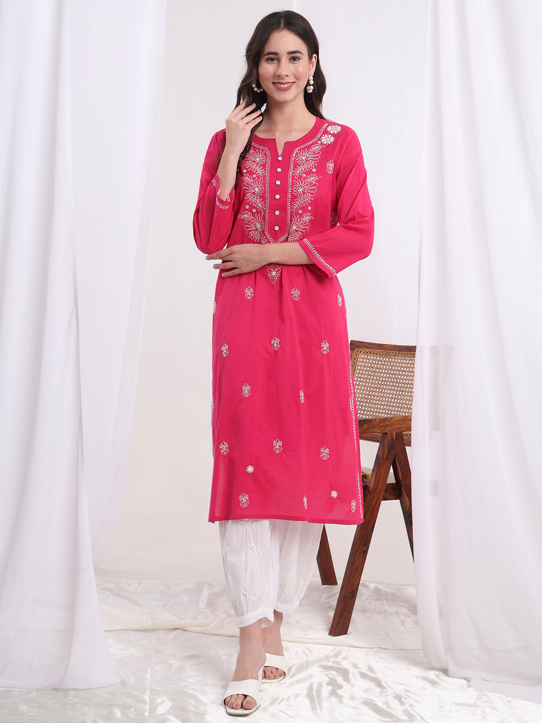 Women's Chikankari Hand Embroidery Cotton Pink Kurta S1001