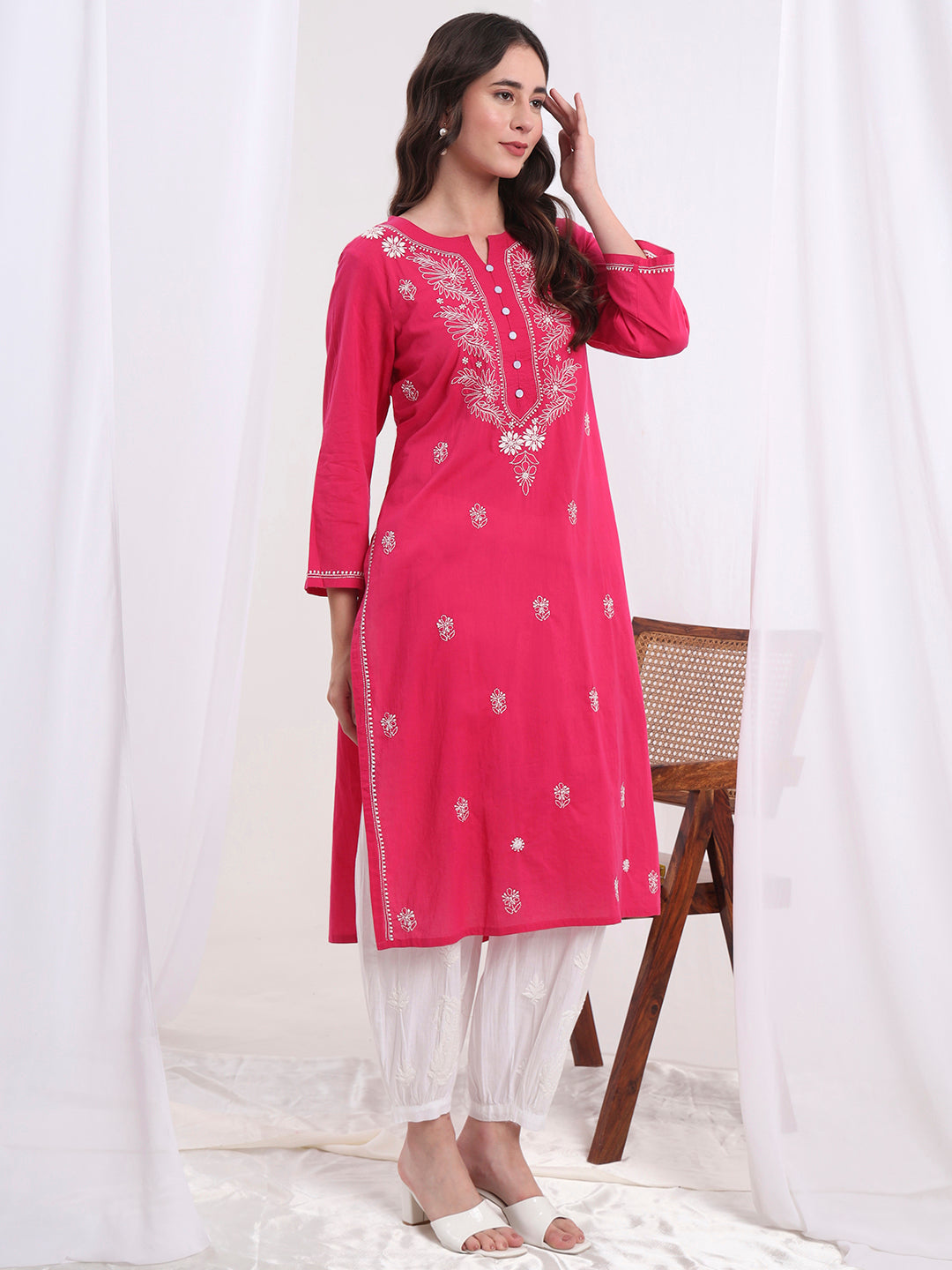 Women's Chikankari Hand Embroidery Cotton Pink Kurta S1001