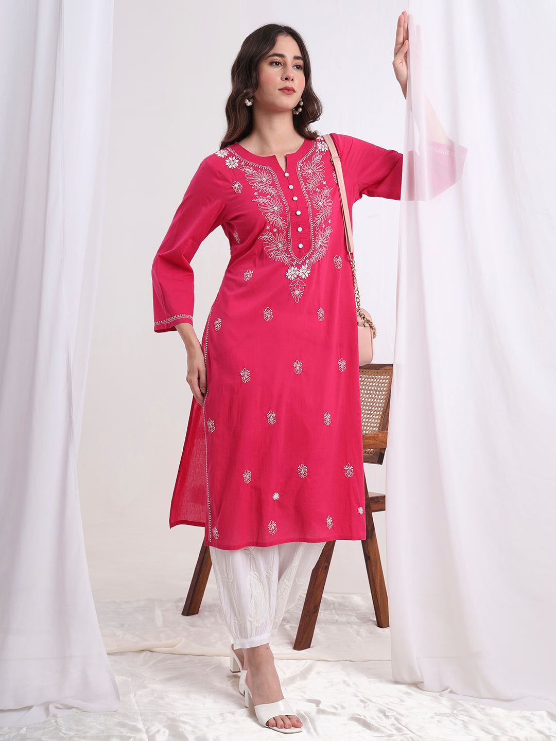 Women's Chikankari Hand Embroidery Cotton Pink Kurta S1001