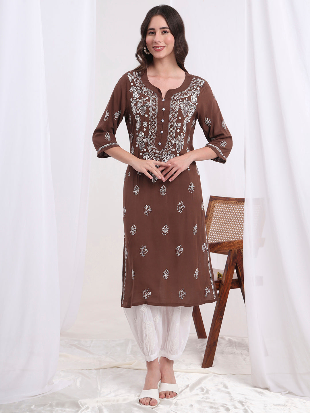 Women's Chikankari Hand Embroided Modal Brown Kurta S1002