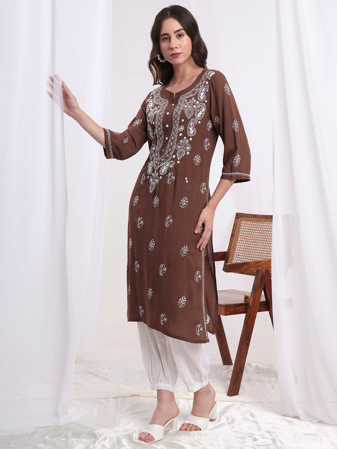 Women's Chikankari Hand Embroided Modal Brown Kurta S1002