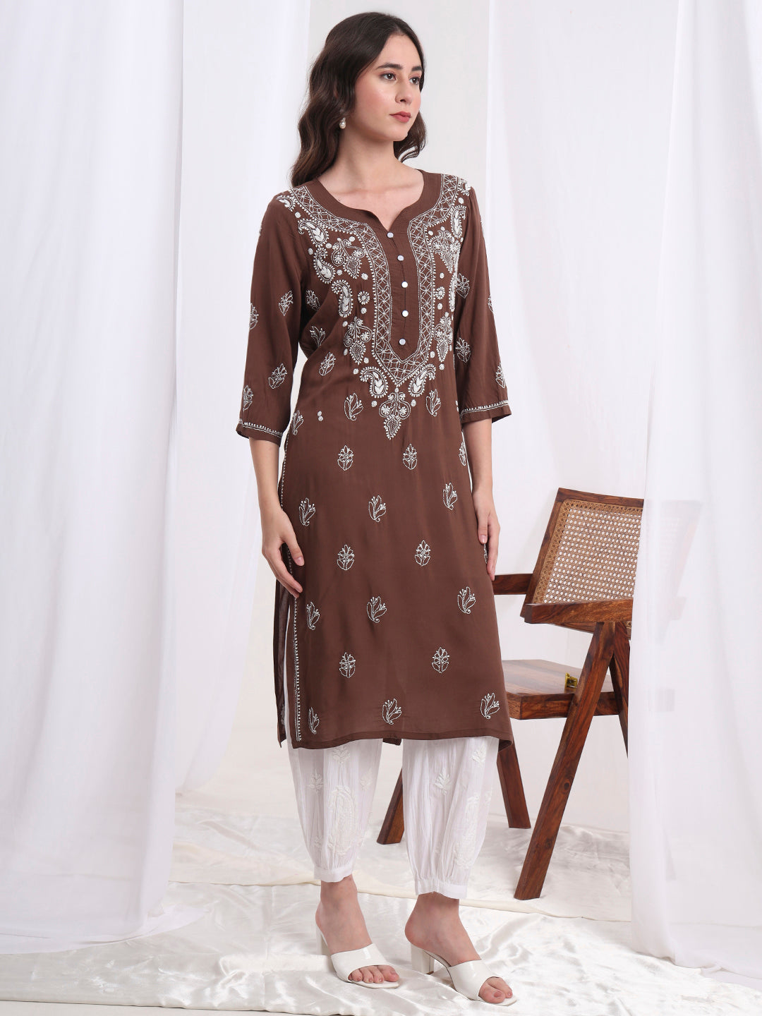 Women's Chikankari Hand Embroided Modal Brown Kurta S1002
