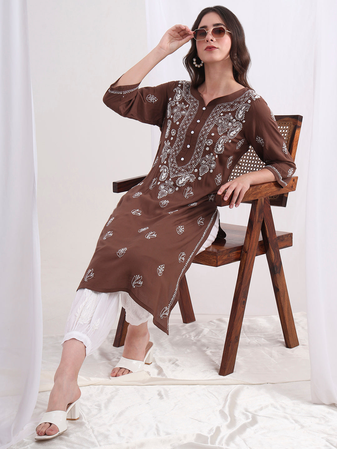 Women's Chikankari Hand Embroided Modal Brown Kurta S1002