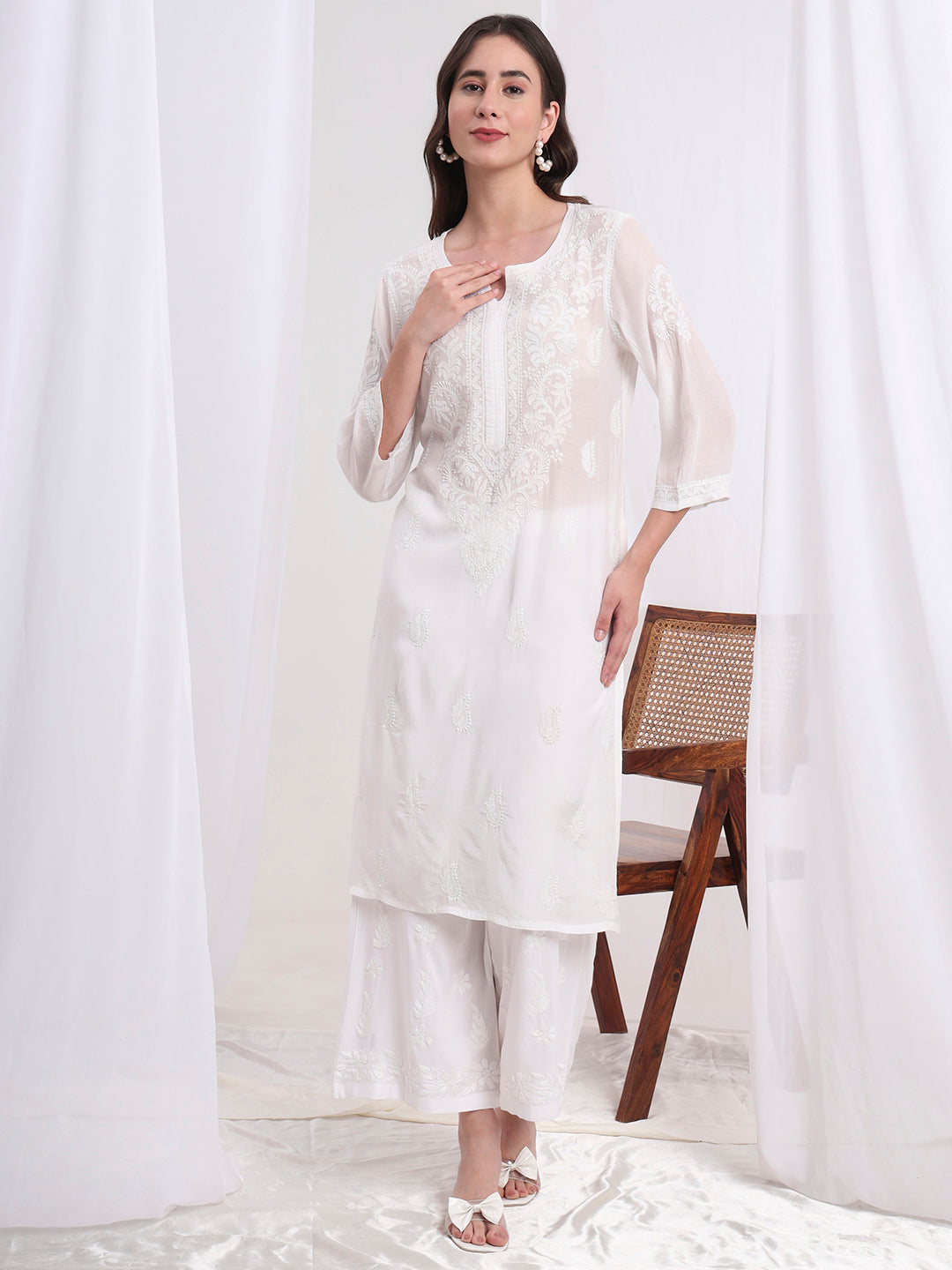 Women's Chinkankari White Muslin Co-Ord Set S1001-101