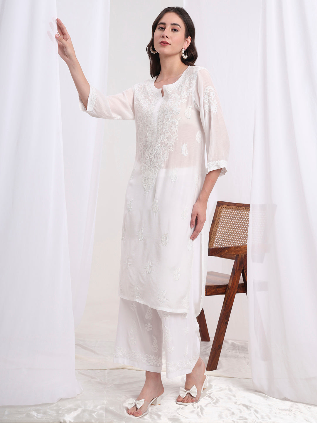 Women's Chinkankari White Muslin Co-Ord Set S1001-101