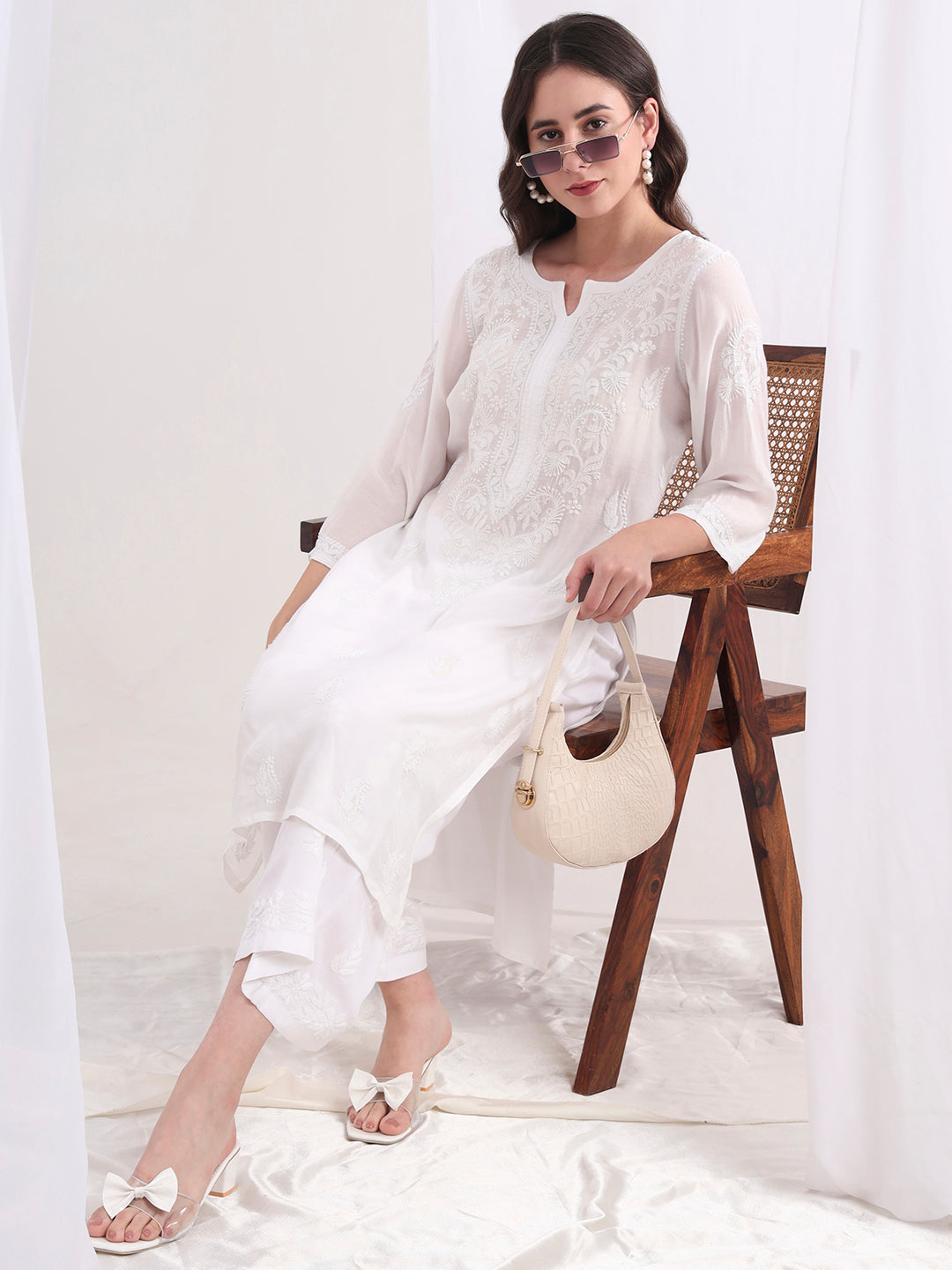 Women's Chinkankari White Muslin Co-Ord Set S1001-101